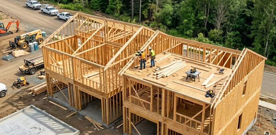 Aerial view of a suburban housing development with multiple homes in various stages of construction surrounded by trees and roads.